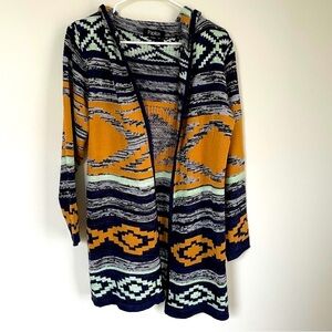 Papillon open face hooded cardigan with Aztec type print